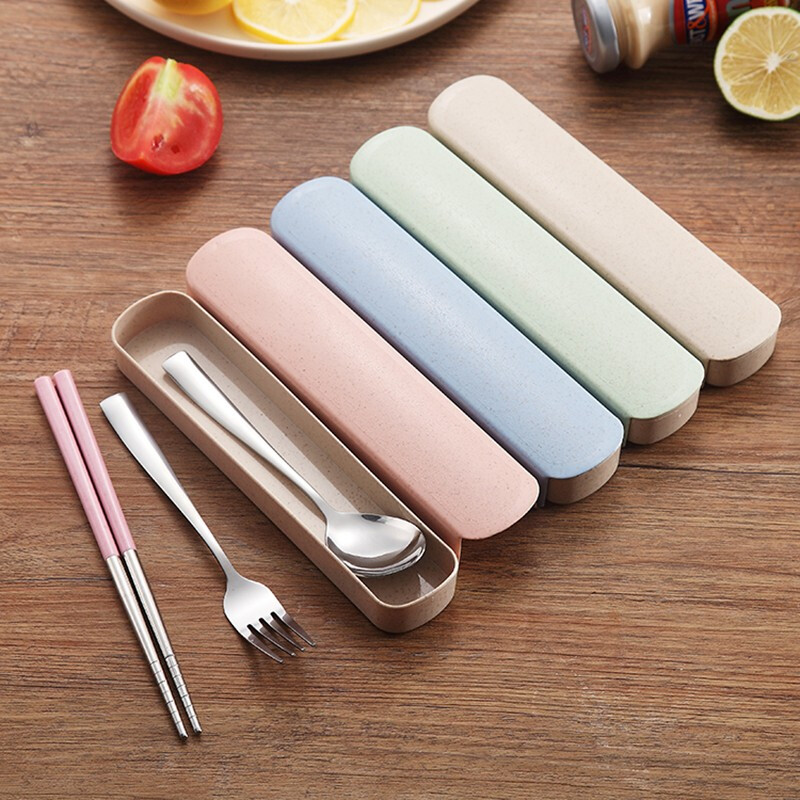 Qiaoju Qiaowu Portable Tableware Wheat Straw Spoon Chopsticks Fork Tableware Set Student Travel Portable Tableware Three-piece Set Wheat Tableware Three-piece Set Nordic Powder