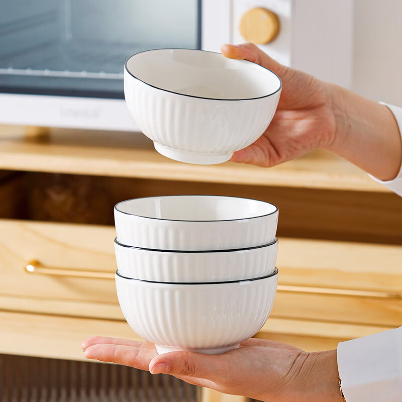Hechuanwu ceramic bowl simple pure white small bowl household 4.5-inch rice bowl soup bowl set 10 pieces vertical black line