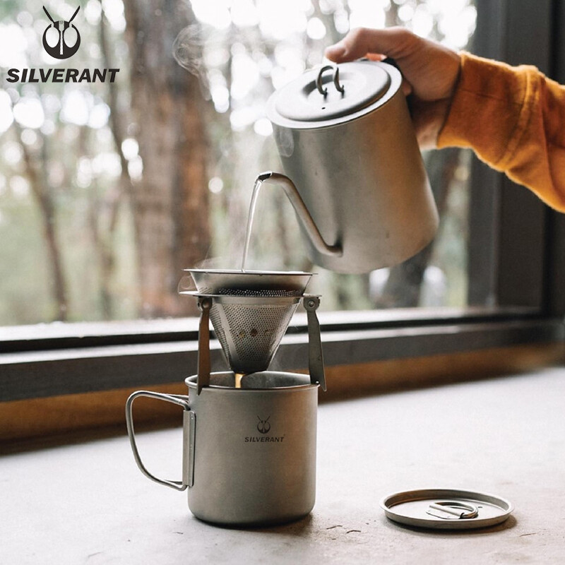 Silver Ant pure titanium hand brewed coffee pot set outdoor household drip filter titanium coffee cup long mouth thin mouth pot can be customized pure titanium double layer coffee filter