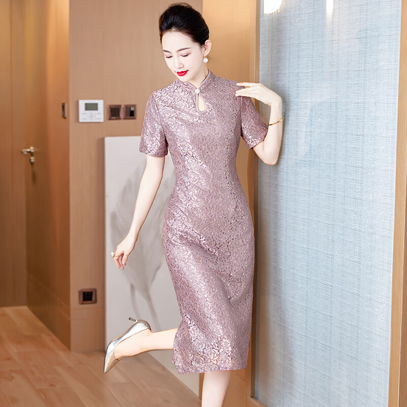 Drop-off station cheongsam dress, spring and summer slimming, high-end banquet dress, grandma dress, wedding banquet, noble, can be worn at ordinary times, purple suit M