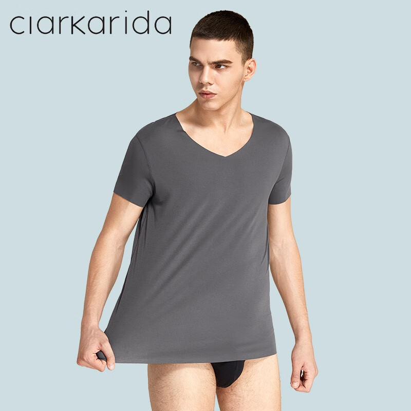 Clarkarida men's short-sleeved T-shirt men's modal seamless V-neck bottoming shirt slim solid color sweatshirt sports white fitness top iron gray + white XL (130-150 pounds)