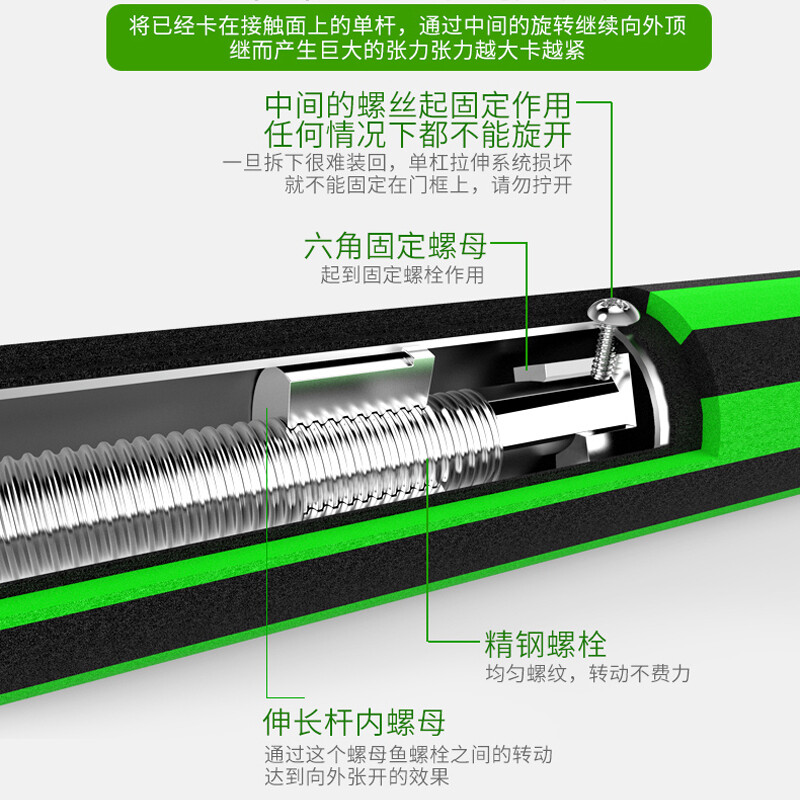 Burning ice punch-free pull-up device household horizontal bar door indoor wall boom sports goods fitness equipment green model suitable for installation distance 65-85cm upgraded model