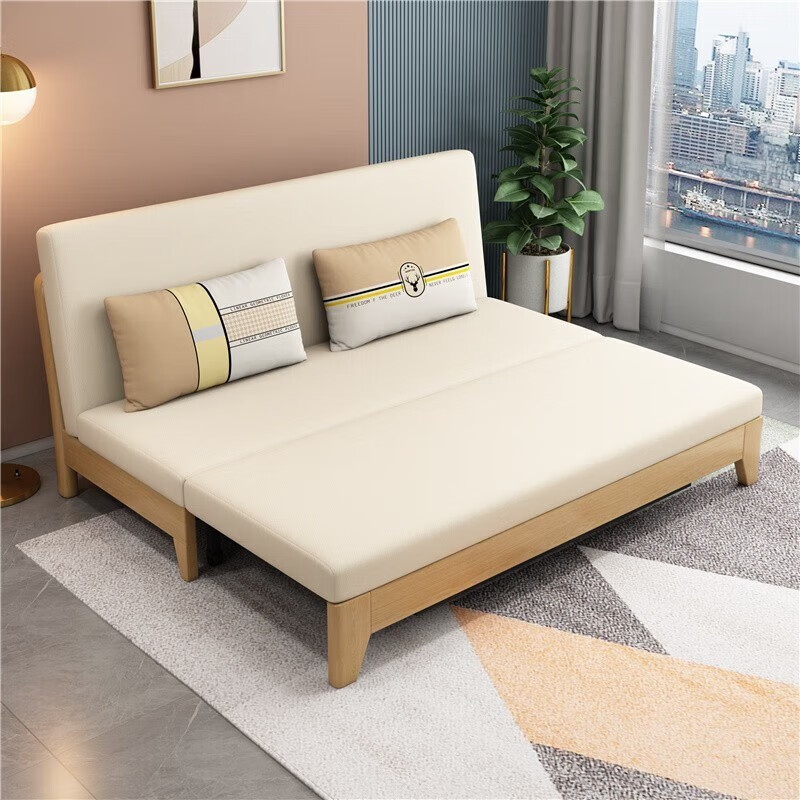 St. Lanson solid wood sofa bed small apartment foldable push-pull single double Nordic living room sitting and sleeping multi-functional dual-purpose bed environmentally friendly coconut palm model + storage box outer diameter 1.83 meters * 2.0 meters