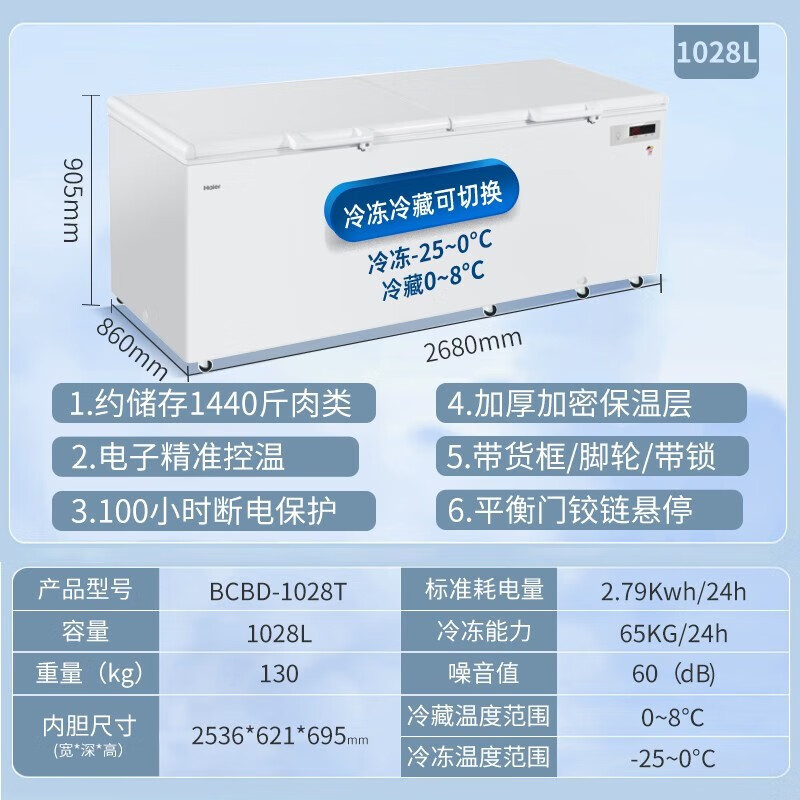 Haier freezer home refrigeration and freezing dual-purpose fresh-keeping cabinet can be converted with one click to commercial double-door ultra-large capacity 300/400/500/600 liters or more cryogenic quick-freezer electronic temperature control丨ultra-large capacity丨 1028L