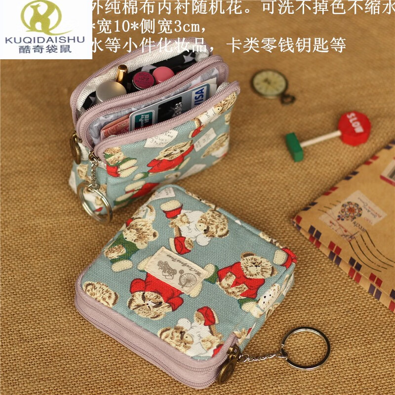 Kuqi Kangaroo Key Coin Purse Women's Short Canvas Clutch Simple Four-Layer Zipper Handbag Men's Small Bag Large Capacity Dark Blue 4 Zippers.S