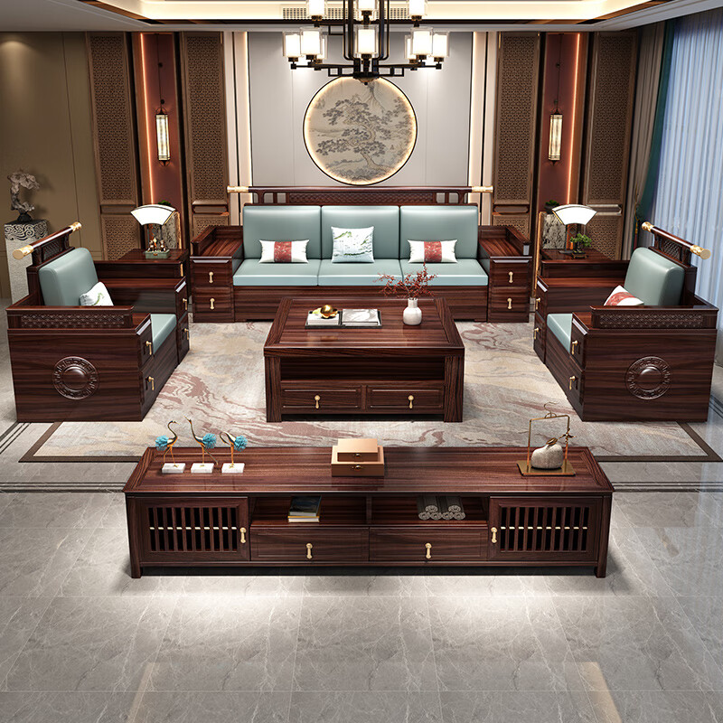 No. 1 Haoting ebony solid wood sofa new Chinese style sofa for winter and summer use modern Chinese sofa living room complete set of furniture B661 1+2+3+square coffee table+square table*1+TV cabinet storage style ebony wood+breathable cotton and linen cushions