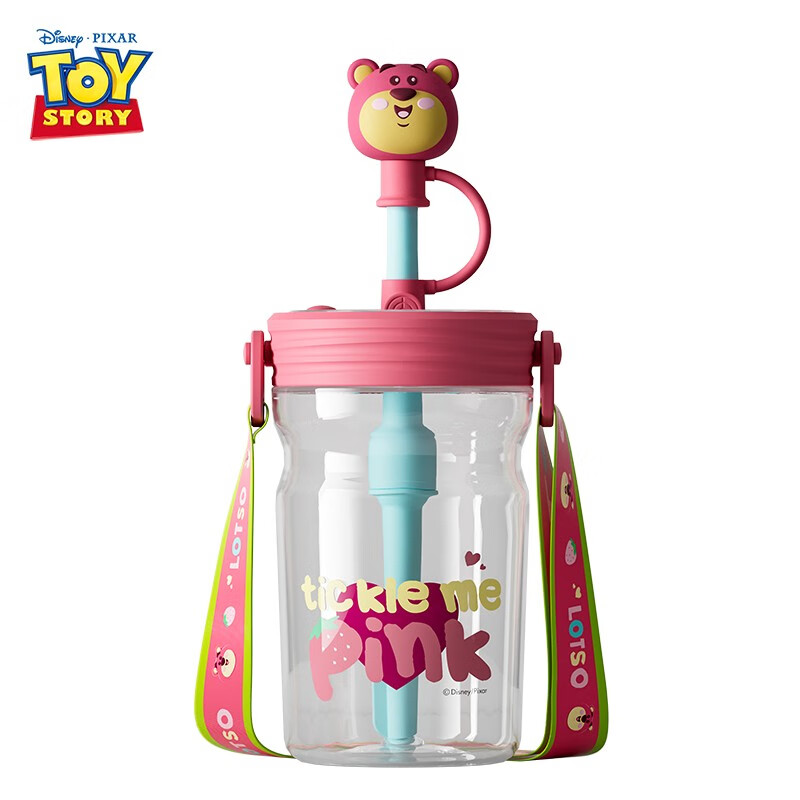 Disney children's water cup, direct drinking straw cup, high-looking doll learning drinking cup, removable and washable baby water cup with strap 670ml Strawberry Bear