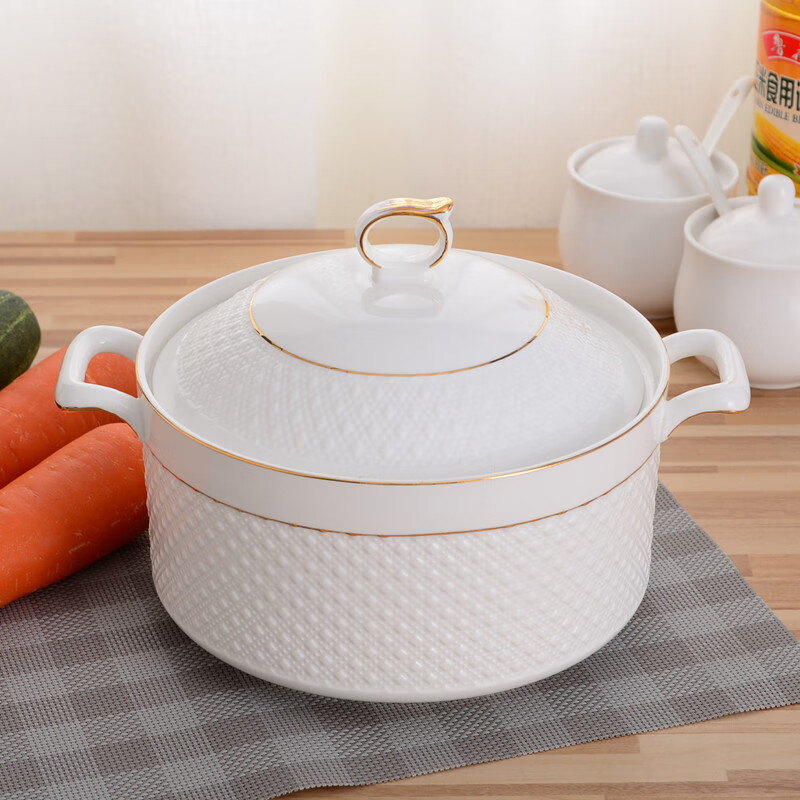 Nanluo Household Double-Ear Ceramic Soup Nest with Lid Creative Stew Cup Pure White Large Capacity Rice Soup Bowl Soup Basin Microwave Oven 2200ML Phnom Penh Ling Diamond Style with Perforated Lid + Spoon