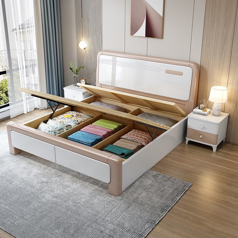 First year all solid wood bed light luxury bed modern simple master bedroom double bed white high box storage wedding bed bedroom furniture silent bed + bedside table * 1 + Tencel latex mattress 1.8 meters * 2 meters frame style
