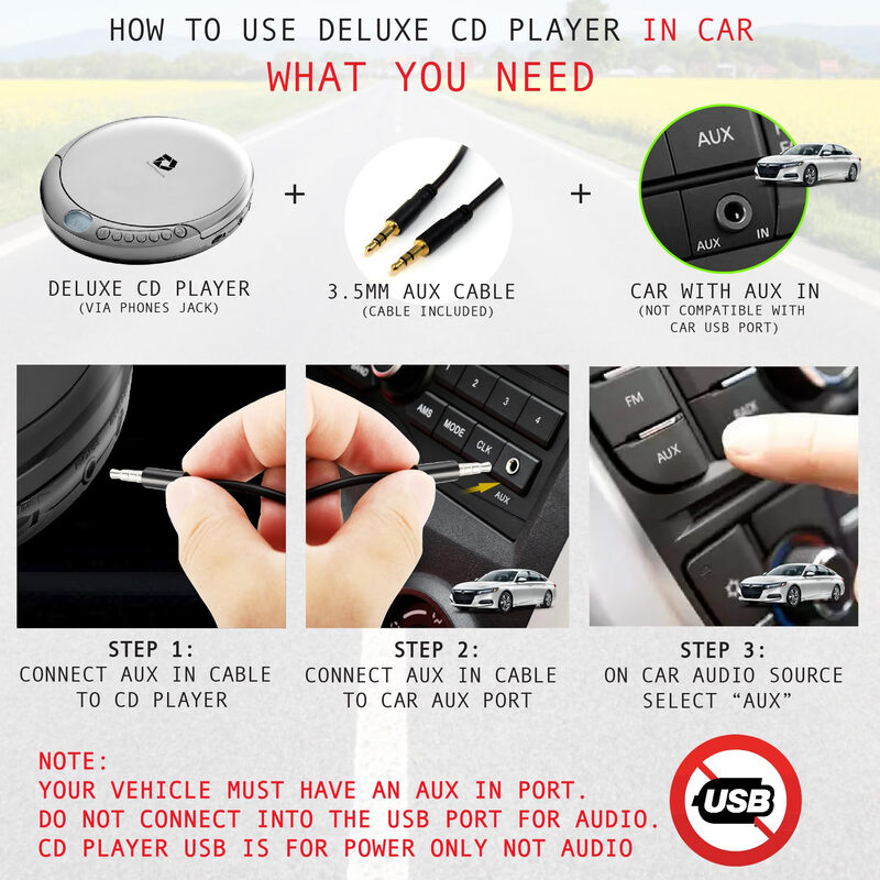 Deluxe Products Deluxe Portable CD Player 60 Seconds Anti-Bounce CD/CD-R/CD-RW Headphones/AUX Home Car DP-PCD-001-SIL Silver Silver