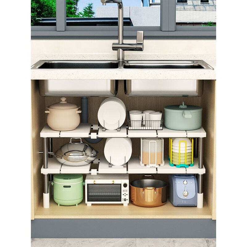 Camellia Valley Kitchen Retractable Under-Sink Storage Rack Cabinet Layered Rack Kitchen Cabinet Storage Multi-Function Pot Rack Storage Rack Retractable Under-Sink Storage Rack - Stainless Steel Single Layer
