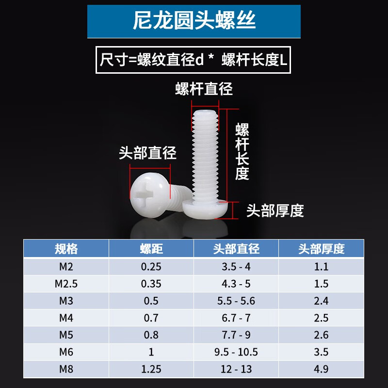 Jinggong M2-M6 nylon round head screws plastic cross pan head screws plastic screws pan head nylon screws GB818 M5*8 (50 pcs)