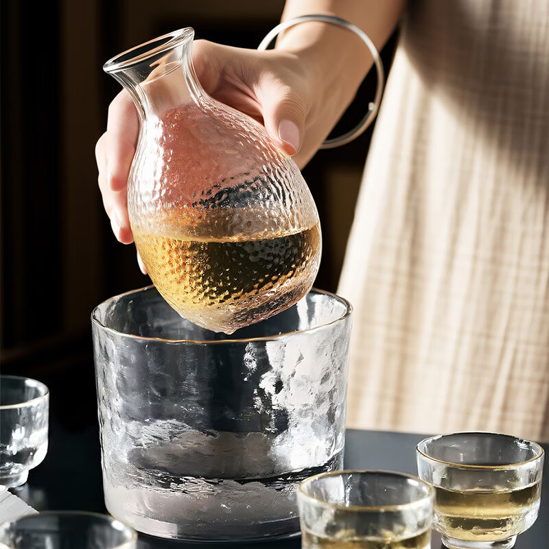 CLITON handmade gold-edged hammered Japanese sake cup and pot set wine dispenser rice wine warmer gift box 6-piece set