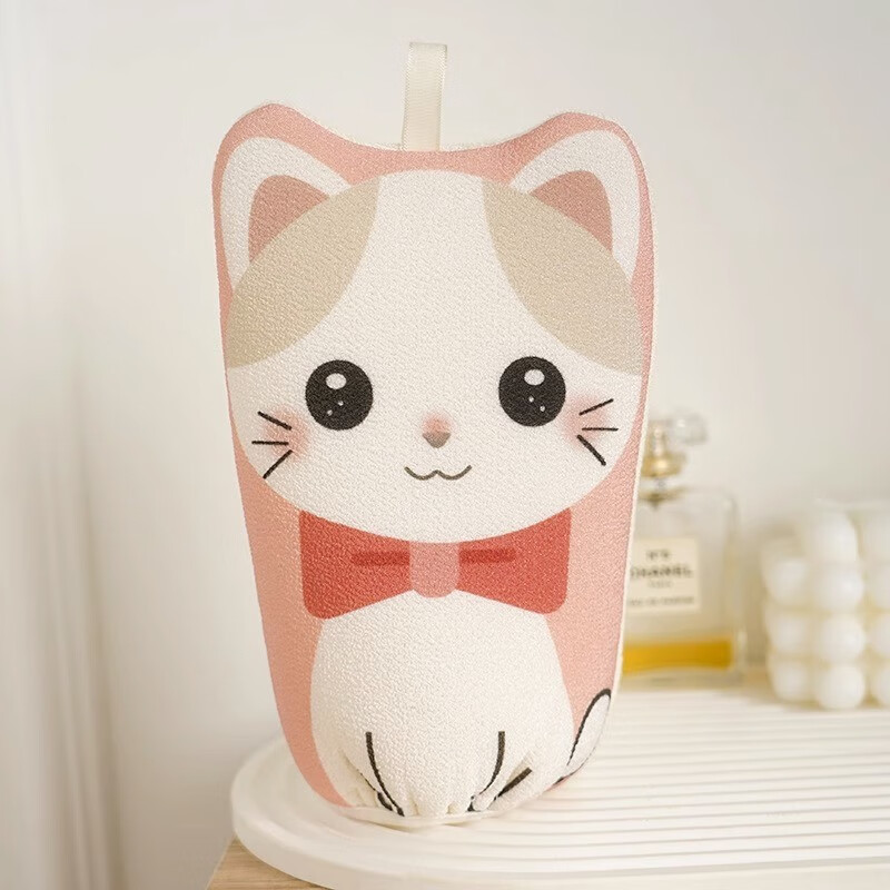 Children's bath towel does not hurt the skin, 4-12 years old, double-sided, powerful decontamination, mud bath, baby cleaning, cute cartoon, cute and funny cartoon kitten-pink