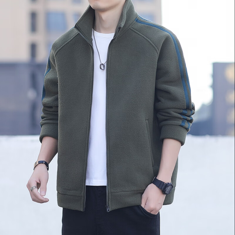 Guqian Jacket Men's Autumn and Winter Casual Loose Stand-Collar Jacket Men's Fleece Warm Striped Polar Fleece Coat Top Clothes Green L - Recommended 120-140 catties