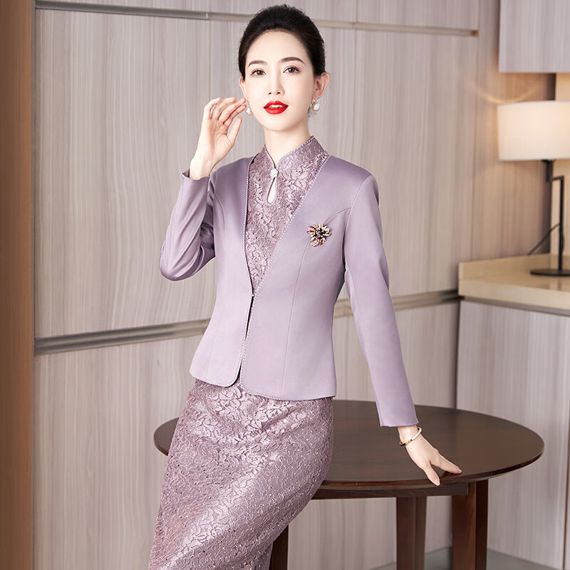Drop-off station cheongsam dress, spring and summer slimming, high-end banquet dress, grandma dress, wedding banquet, noble, can be worn at ordinary times, purple suit M