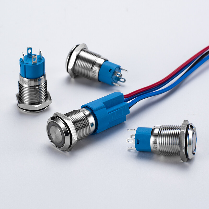 Suowei 12MM waterproof metal button switch start stop with light 6V12V24V220V self-restoring self-locking round car modified high head power switch button 12-24V self-locking blue ring light with tail plug