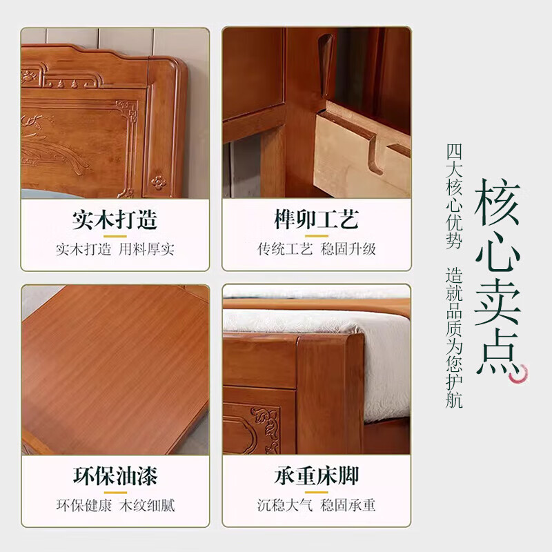 Longwei 12-hour delivery Foshan golden rosewood solid wood bed master bedroom king bed 1.8 meters 2 meters double bed rosewood single bed upgraded thickened bed 1.8*2.0 meters frame style (full bed + full mortise and tenon)