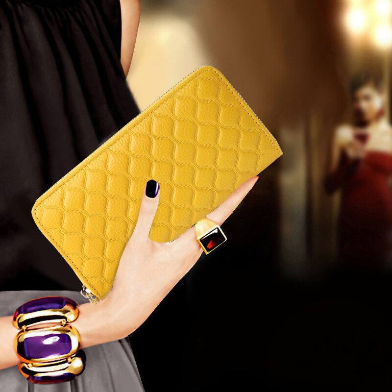 Sephora brand gift box packaging, yellow long-term genuine leather hand wallet for women, anti-degaussing and anti-theft brush, small fragrant rhombus, large capacity for mobile phone, yellow, no specifications