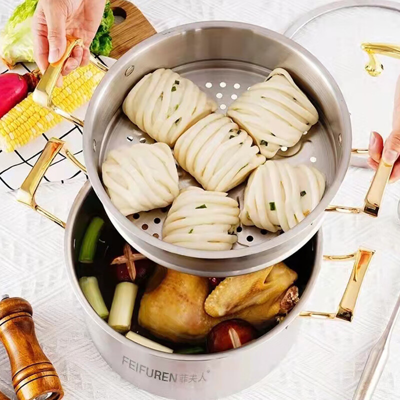 Mrs. Fei German 316 stainless steel pot set complete set of home kitchen steamer food pan frying wok milk pot pan B3 wok + frying pan + steamer 3-piece set