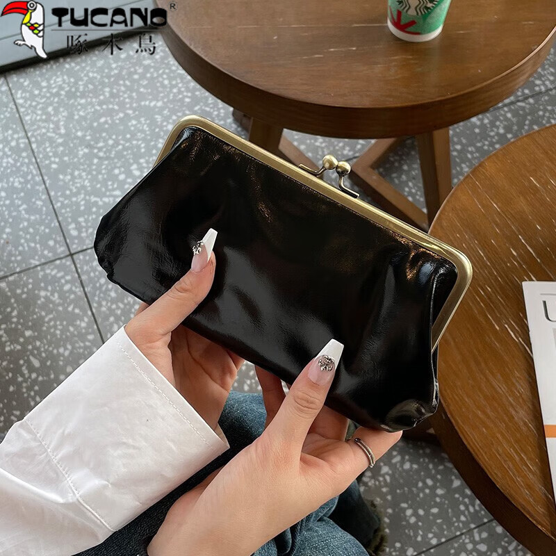 Woodpecker (TUCANO) Retro Wallet Women's Long Genuine Leather Clip Oil Wax First Layer Cowhide Wallet Holds Mobile Phone Large Capacity Simple Wallet Black