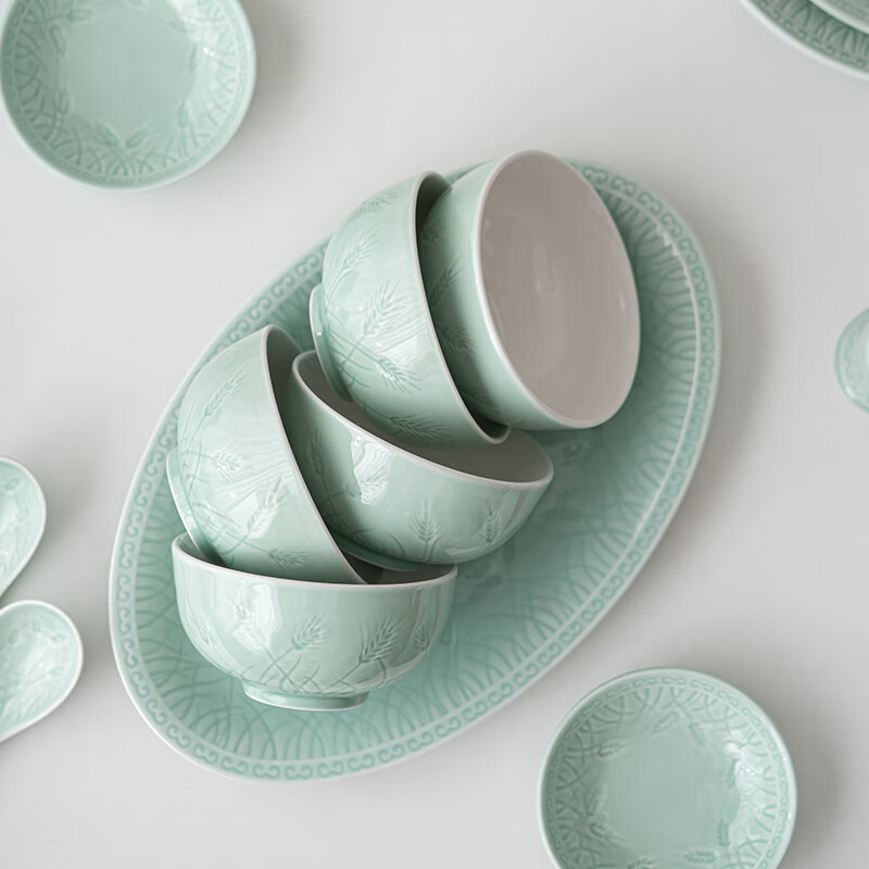Su's Ceramics Celadon Tableware Set Light Green Glazed Grain Fengdeng Ceramic Bowl and Plate 56 Medium Tableware Gift Box