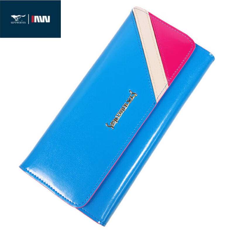SEPTWOLVES women's wallet long multi-functional Korean style fashion versatile cowhide hand wallet buckle sky blue