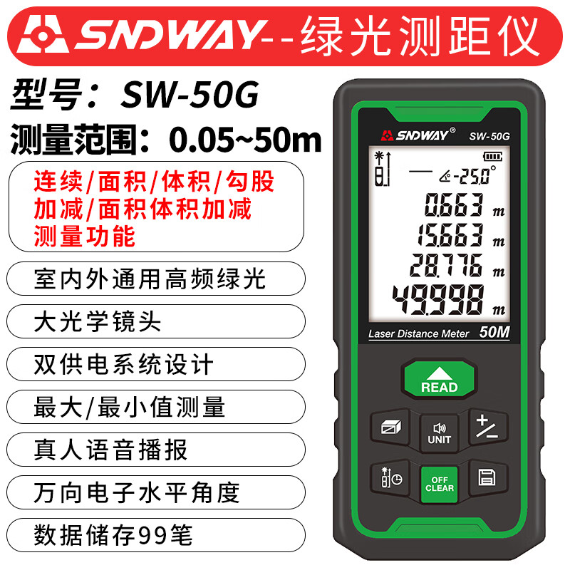Shendawei Laser Distance Meter Infrared Room Measuring Instrument High-precision Handheld Infrared Distance Meter SW-50G (green light, range 50 meters)