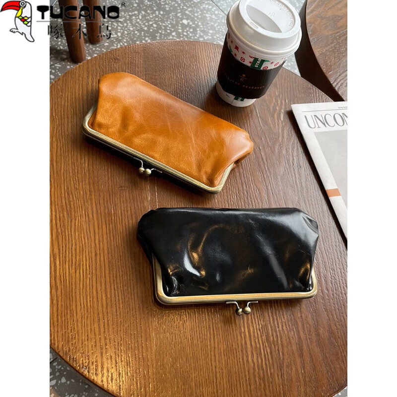 Woodpecker (TUCANO) Retro Wallet Women's Long Genuine Leather Clip Oil Wax First Layer Cowhide Wallet Holds Mobile Phone Large Capacity Simple Wallet Black