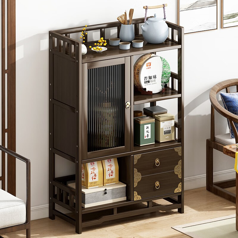 ZHUYIJIA tea cabinet small tea table new Chinese style tea table table tea side cabinet ancient storage living room storage tea can storage cabinet 3 layers 80 double drawer double door