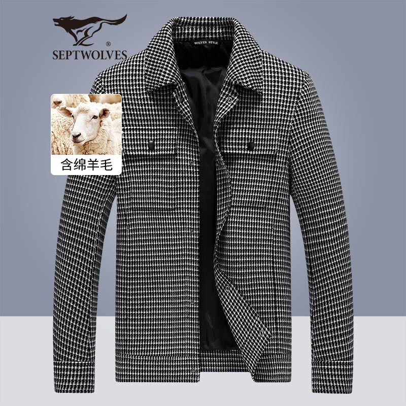 Septwolves Jacket Men's Autumn and Winter Business Casual Lapel Plaid Woolen Jacket Middle-aged and Young Commuting Men's Clothing Tops