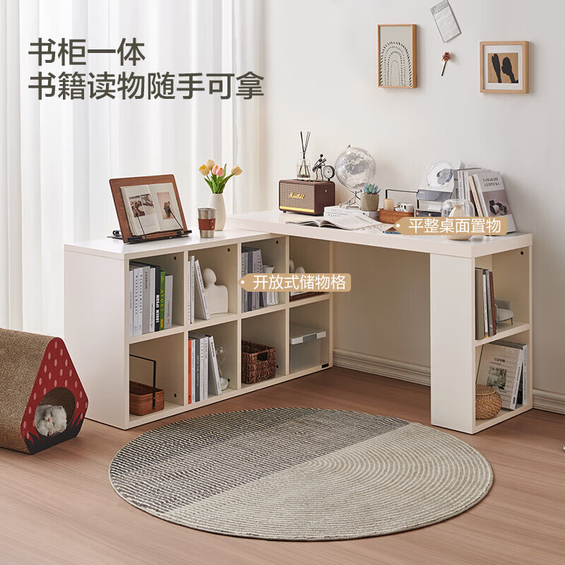 Quanyou Home Desk Cabinet Integrated Table Bookcase Living Room Bedroom Adjustable Telescopic Storage Cabinet Furniture Ivory White 6-Gate Bookcase A+1.2m Table A+32 Chair