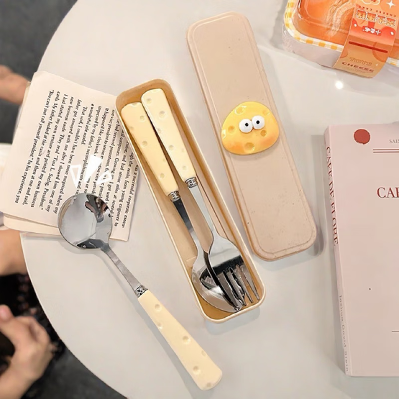 Vinoa cute ins cheese spoon fork chopsticks three-piece set student tableware children's portable tableware storage box set wheat chopsticks + fork box cheese upgraded version tableware set in activity