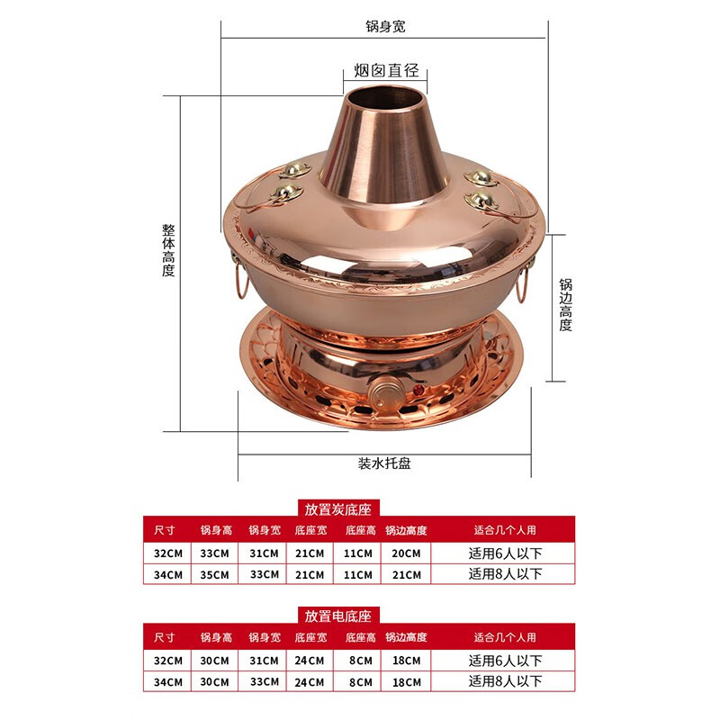 Copper Liufu copper hot pot split type pure copper electric carbon dual-purpose copper pot shabu-shabu charcoal hot pot Yuanyang plug-in copper hot pot 30 cm clear soup pot (for use by less than 4 people)