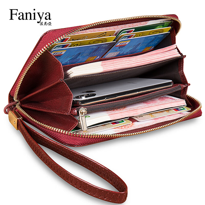 Fania Women's Wallet 2025 New Long Genuine Leather Women's Clutch Wallet Zipper Wallet Card Bag Clutch Bag Burgundy