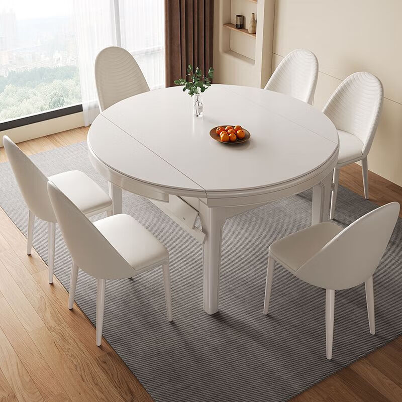Cream slate dining table and chairs dining table combination retractable square and round modern solid wood simple small household table pure white matte + 1.18m single dining table