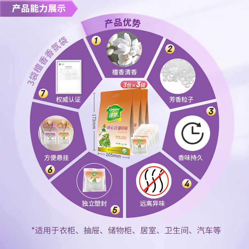 Green Packet 3 bags of sandalwood fragrance bag locker bedroom air freshener deodorant paste car aroma diffuser bag