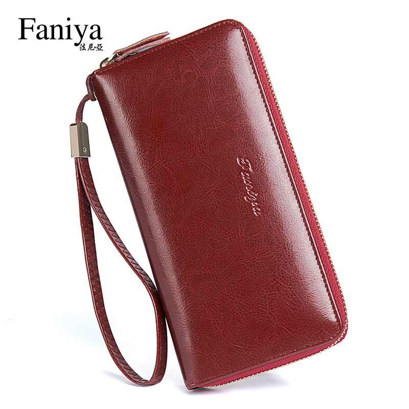 Fania Women's Wallet 2025 New Long Genuine Leather Women's Clutch Wallet Zipper Wallet Card Bag Clutch Bag Burgundy
