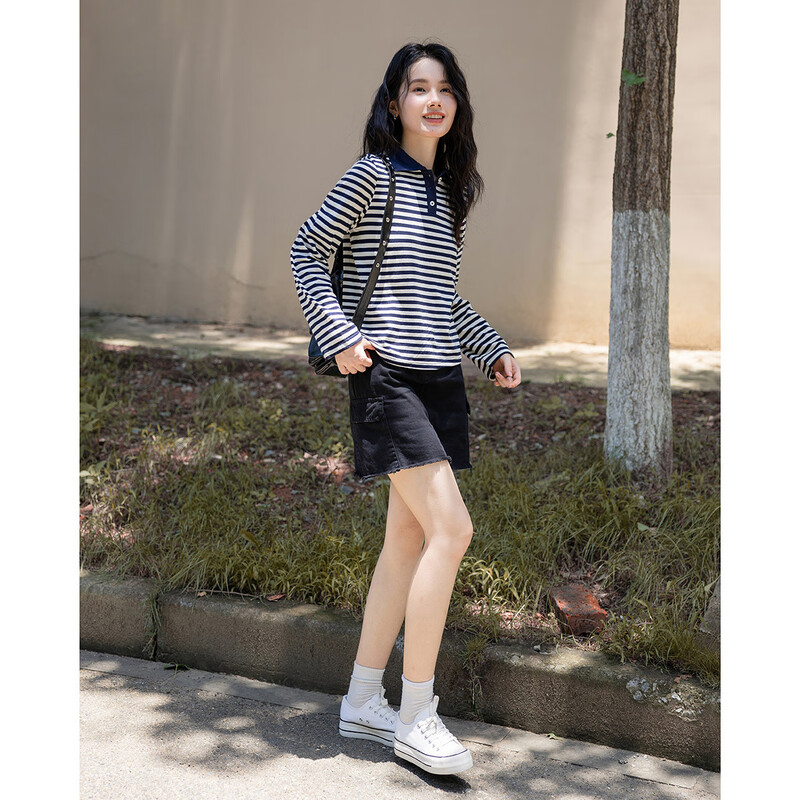 Demana New Interpretation of Stripes 100% Cotton Fresh Contrast Color Striped Polo Collar Versatile Women's T-Shirt Navy L