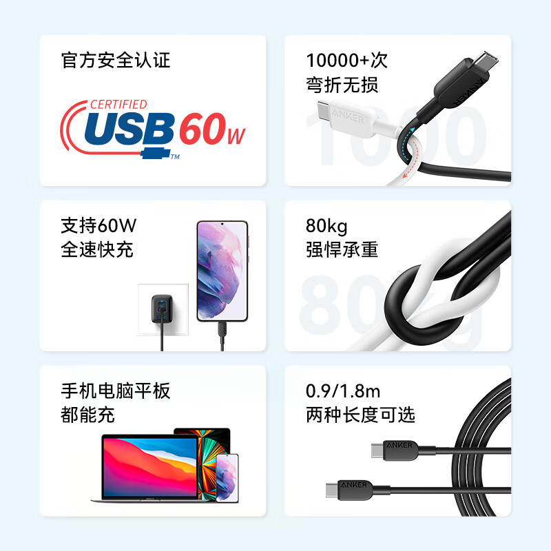 ANKER Apple charging cable double-ended type-c suitable for iPhone17/16/15promax mobile phone iPad/Mac computer Huawei Xiaomi fast charging data cable 1.8m white