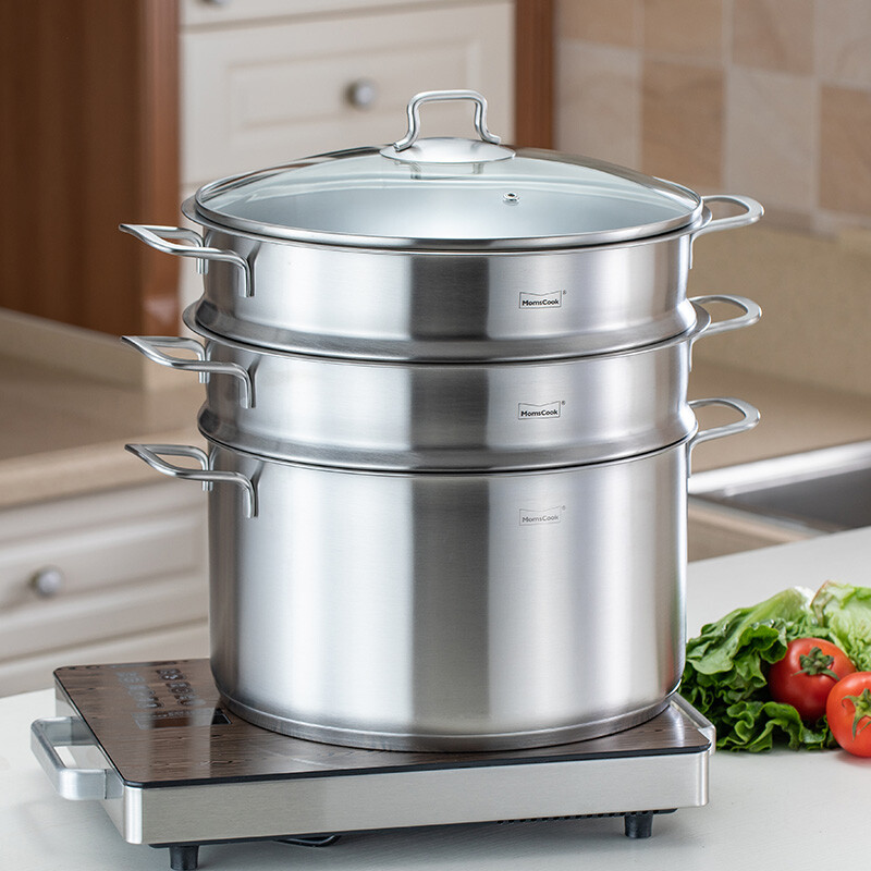 Momscook stainless steel steamer steamer 304 two-layer steamer double bottom thickened gas induction cooker universal soup pot steamer dual-purpose (MT30ST) double-layer steamer 30cm