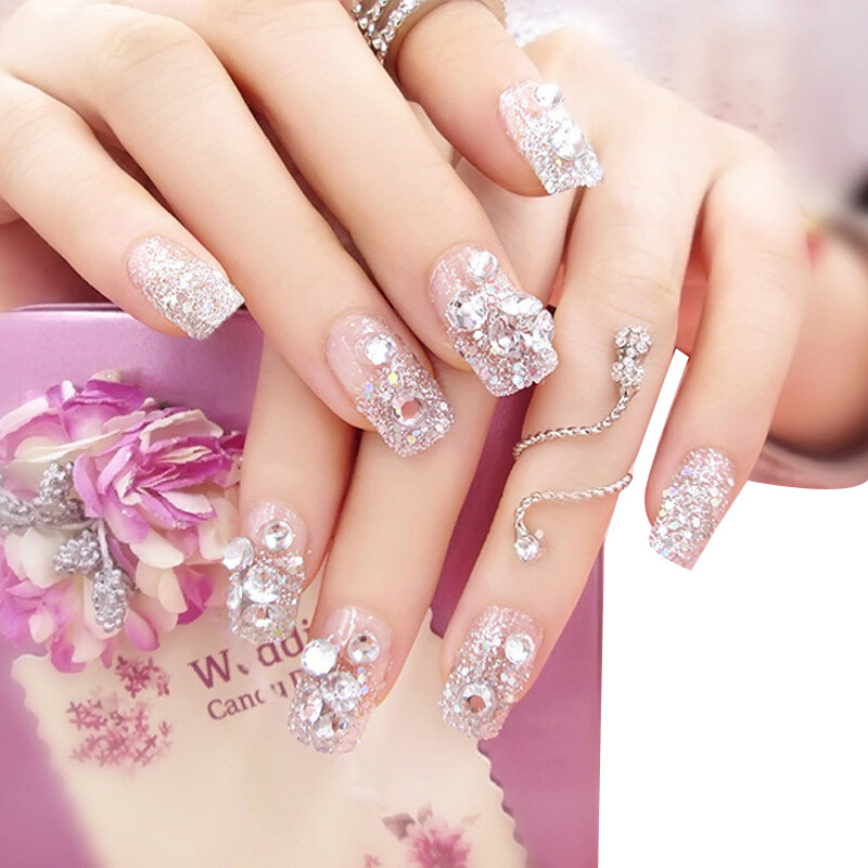 小苏妞xiaosuniu Finished Nail Art 24 Piece Boxed Fake Whole 小苏妞xiaosuniu Finished Nail Art 24 Piece Boxed Fake Whole Silver Shining Gemstone Bride Patch E1