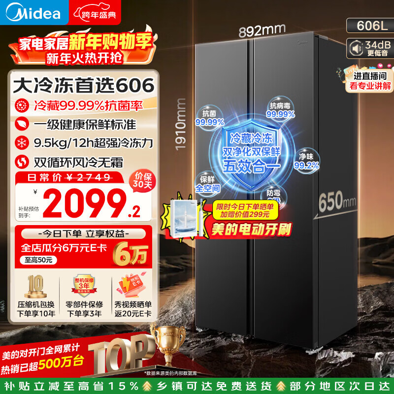 Midea 606-liter side-by-side refrigerator, first-class energy efficiency air-cooled, frost-free and odor-free, dual-frequency conversion, ultra-large capacity, large freezer BCD-606WKPM(E) national subsidy