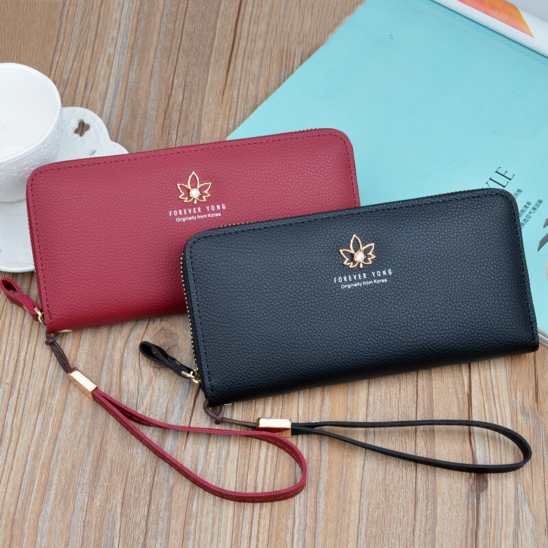 Simple cloth women's wallet Valentine's Day women's long fashion Japanese and Korean zipper large capacity litchi pattern leaf women's clutch red