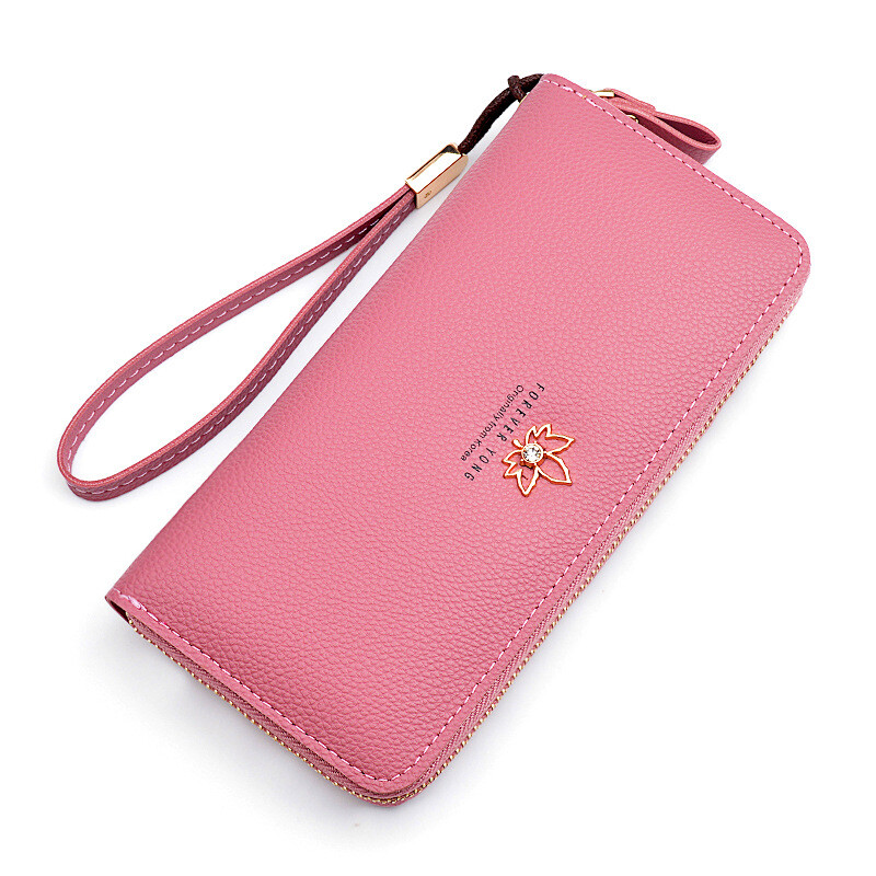 Simple cloth women's wallet Valentine's Day women's long fashion Japanese and Korean zipper large capacity litchi pattern leaf women's clutch red