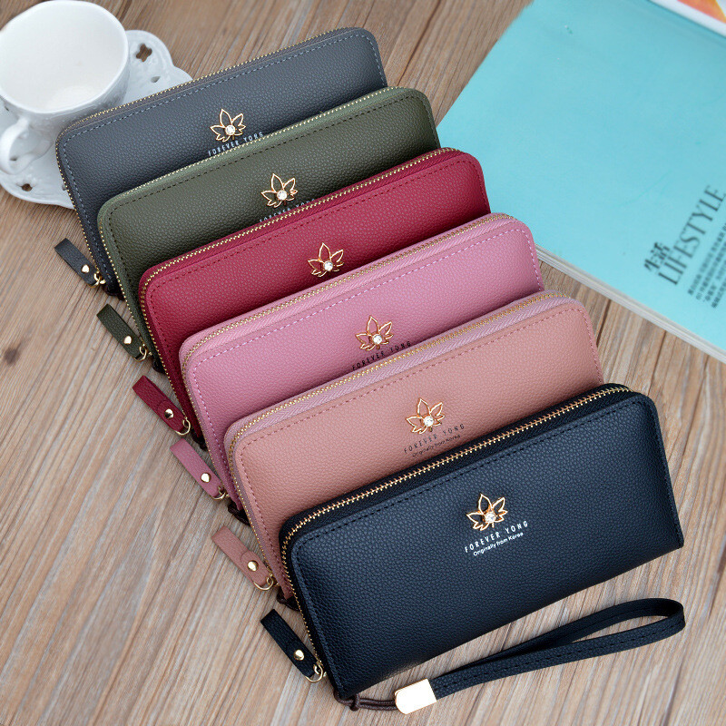 Simple cloth women's wallet Valentine's Day women's long fashion Japanese and Korean zipper large capacity litchi pattern leaf women's clutch red