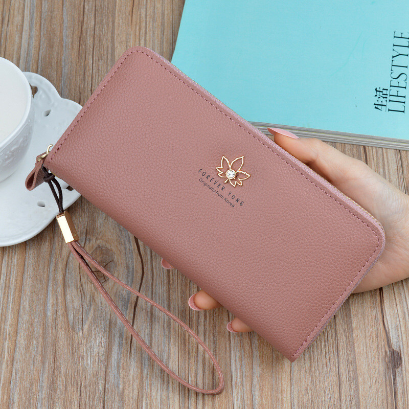 Simple cloth women's wallet Valentine's Day women's long fashion Japanese and Korean zipper large capacity litchi pattern leaf women's clutch red