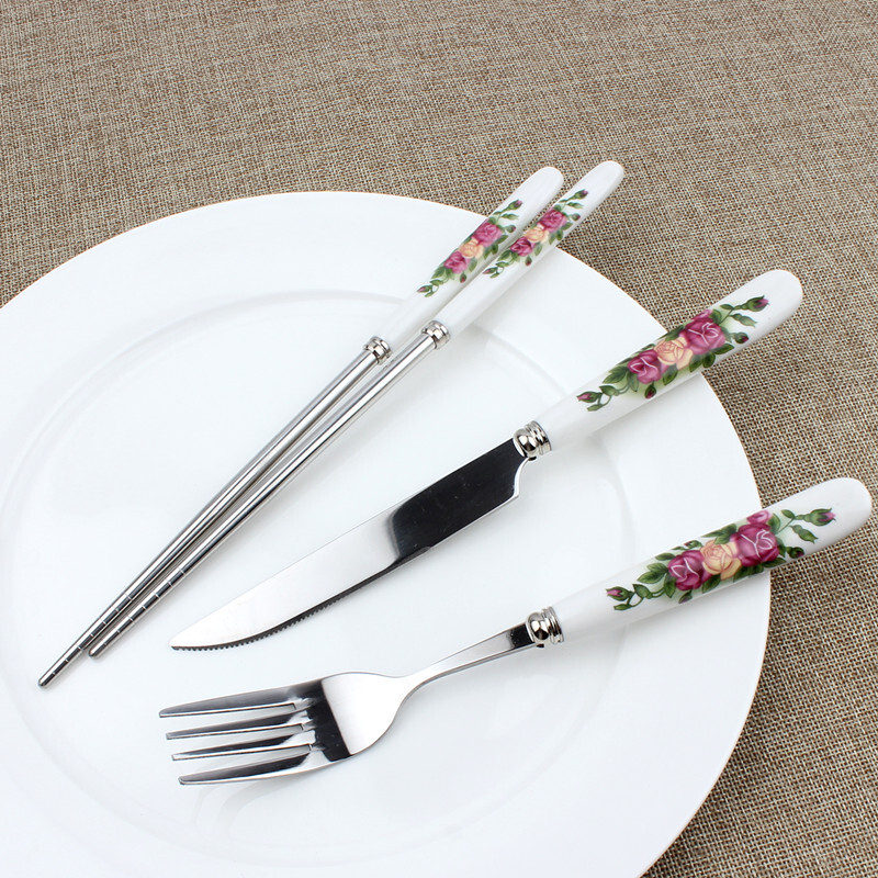 Xingyue Korean version red rose ceramic handle spoon spoon small spoon western food knife and fork fruit fork coffee small spoon long handle spoon 2 pack/red rose small coffee spoon