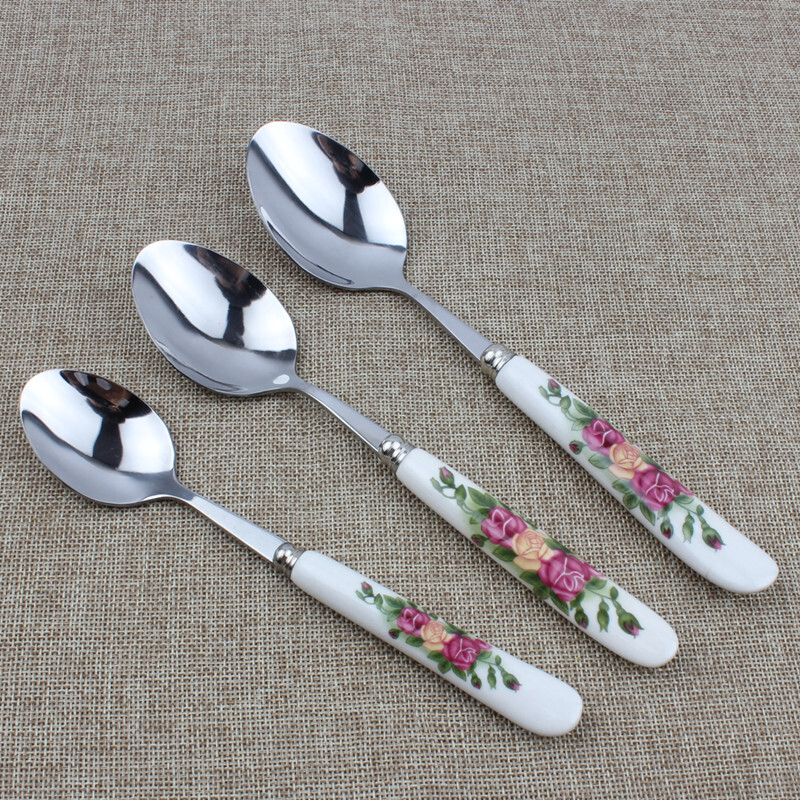 Xingyue Korean version red rose ceramic handle spoon spoon small spoon western food knife and fork fruit fork coffee small spoon long handle spoon 2 pack/red rose small coffee spoon