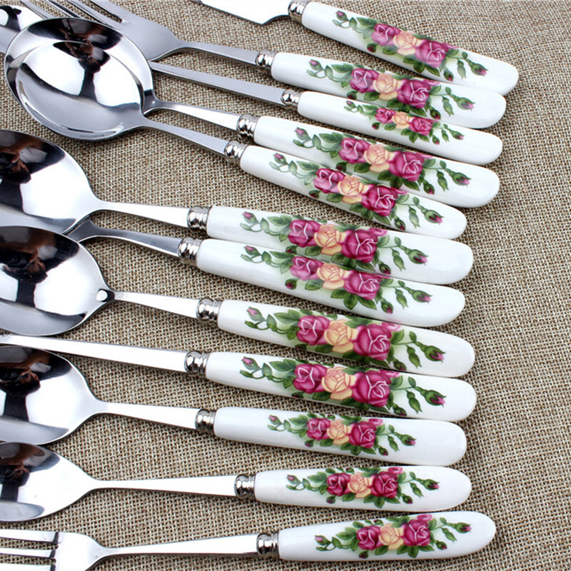 Xingyue Korean version red rose ceramic handle spoon spoon small spoon western food knife and fork fruit fork coffee small spoon long handle spoon 2 pack/red rose small coffee spoon